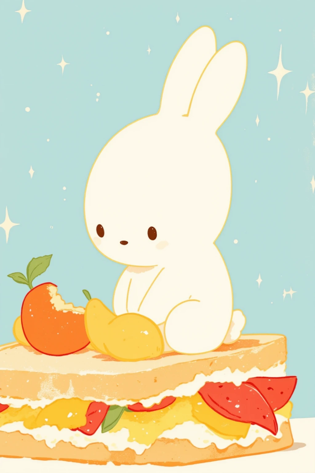    Miffy rabbit sitting on a fresh cream fruit sandwich,storybook illustration , close-up view   ,    close-up view   ,    60s Cartoon   ,    close-up showing head and belly button  ,    full color illustration  ,    Additional Details   ,    60s style anime ,Picture book cover  , close-up,    close-up view   , mid closeup ,Anime pop   ,   Minimalism  ,  textbook color illustration , In the igloo, Picture of a ren's book , printing!,   ren's book illustration  ,  ren's Book Illustration ,  animated film still ,  vignette illustration ,  close-up view ,  close-up view ,  full color illustration ,  Picture Book Illustrations for s , miffy art 