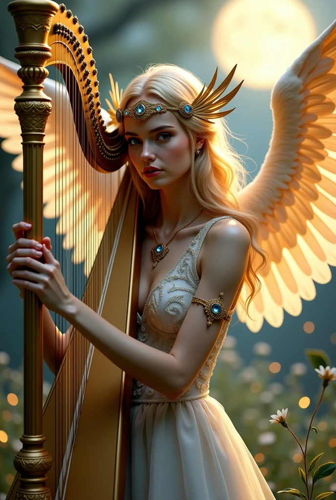 A beautiful angel in female form, beautiful and beautiful long blonde hair intense blue eyes, red mouth , a long white dress with huge wings open with a harp in her hand 