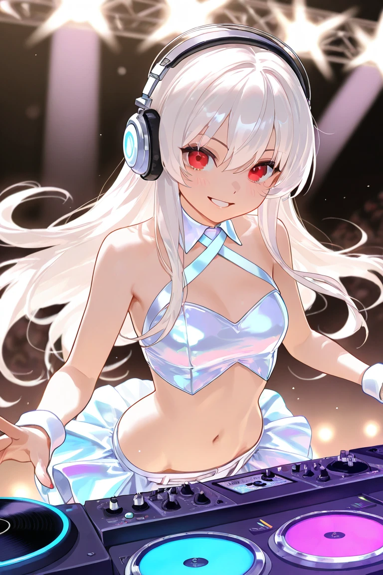 A solo shot featuring coconut_neko a DJ, showcasing her skills on the turntables at a vibrant rave.