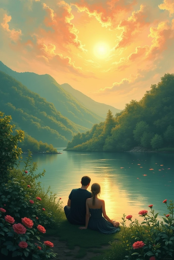A couple in a comfortable and cozy cabin in the woods with beautiful scenery. The man is tall white with long yellow hair and the woman is skinny white with long hair