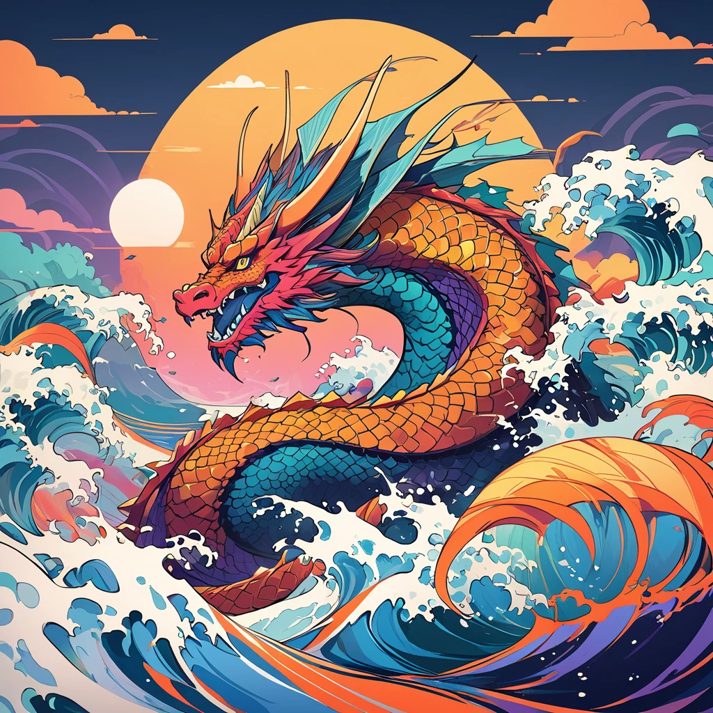  create a Japanese-style illustration ,  elements Use bright , saturated colors: pink,  purple , blue, orange, yellow.  Create a contrast between cold and warm colors. Include a large ,  recognizable object : dragon.  The dragon must be dynamic , , you can add horns .  The background can be stylized with waves , lines , Clouds.  The picture should be dynamic , с плавными формами и lines .  The background should not be very detailed , главный акцент идёт на dragonа