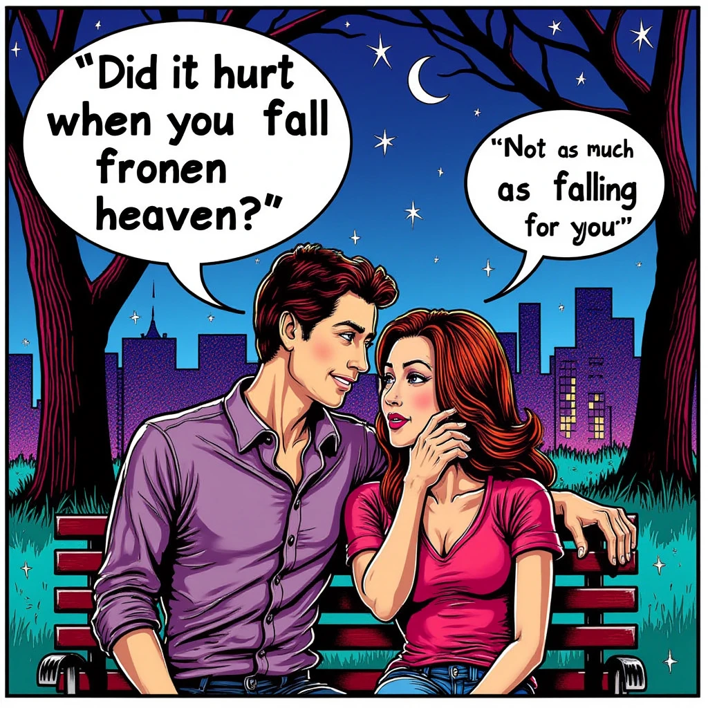 A romantic pop art illustration of a couple sitting together on a park bench under a starry night sky. The man has a confident, charming smile, leaning slightly toward the woman, who is blushing and twirling a strand of her hair with a shy yet intrigued expression. A comic-style speech bubble above the man reads, *"Did it hurt when you fell from heaven?"* while the woman’s speech bubble responds, *"Not as much as falling for you."*  

The background features a bold, colorful cityscape with halftone patterns in shades of deep blue, purple, and pink, creating a dreamy and romantic atmosphere. The couple is outlined with thick black lines, and their expressions and gestures are exaggerated to emphasize the playful, flirty vibe typical of pop art.