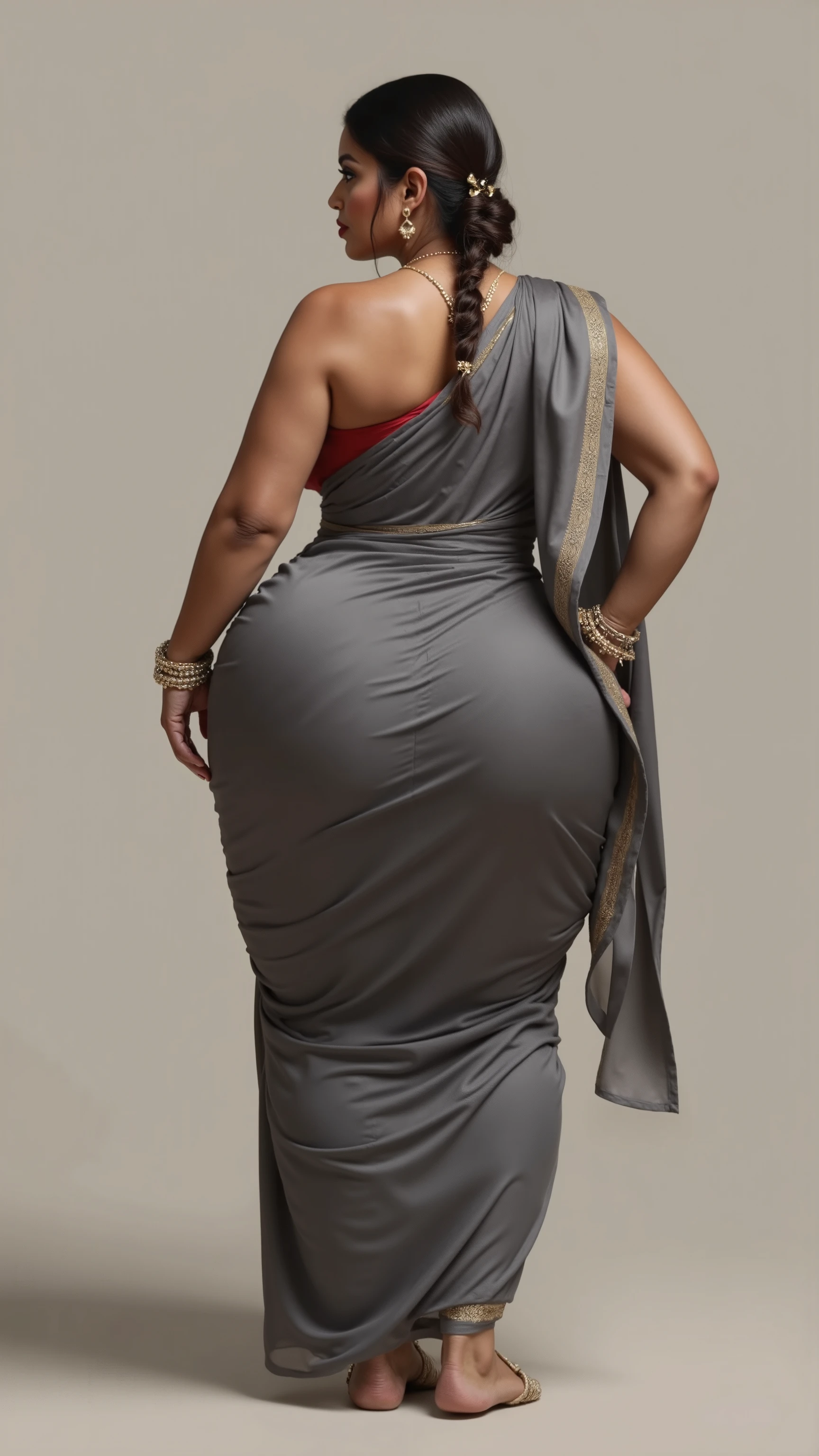 50 year old indian woman in gray silk Saree with big huge boobs and huge Ass, wearing indian jewellery and make up,dark red lips, high heels,a quarter back side view of woman only, realistic image,