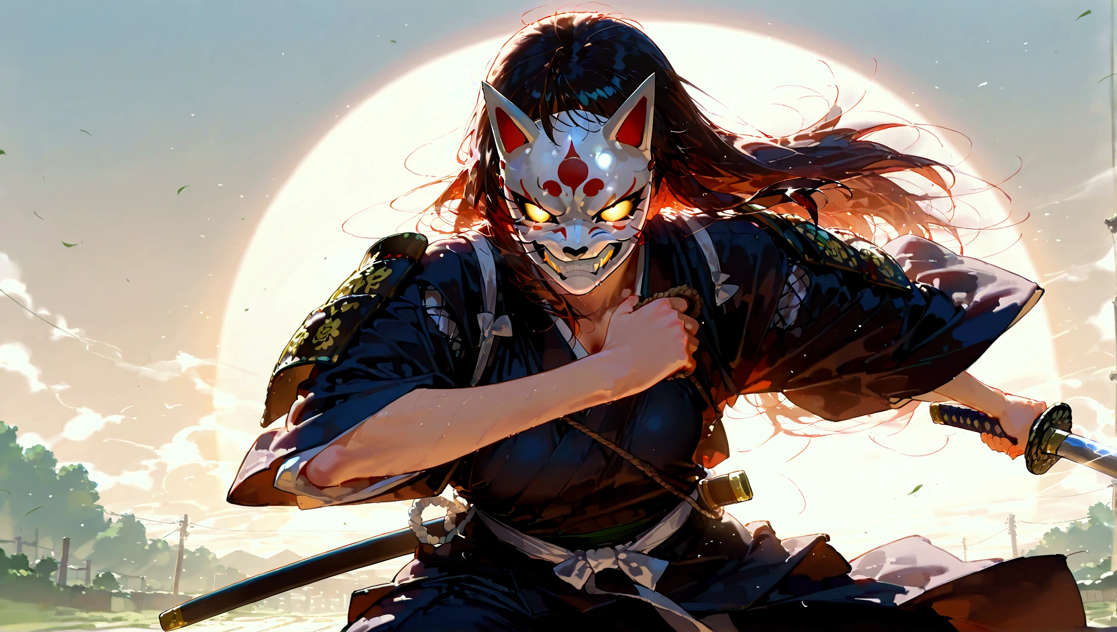 Masterpiece,  top quality,  very detailed, Anime,  A samurai, sword, holding 邪evilなオーラ, woman, evil, Strong emotions,  mask 