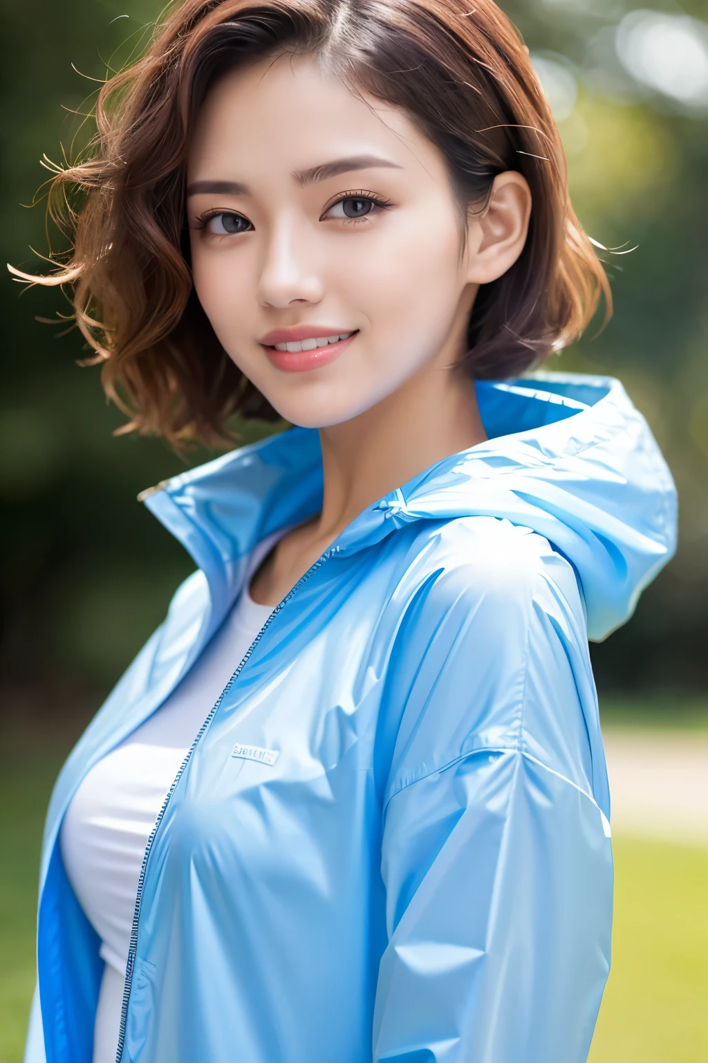 (highest quality、masterpiece、8K、Highest image quality、hyper realism、Award-winning work)、1 woman、(A tight and stylish nylon open windbreaker:1.1)、(An open windbreaker revealing her small cleavage:1.1)、(Fresh short hair:1.1)、(Athletic hairstyle:1.1)、Causal and harmonious windbreaker colors、Beautiful grass park background、Strongly blurred background、very bright and refreshing、the biggest smile when you look at me、accurate anatomy、small cleavage、emphasize body line、natural makeup、Super high-definition glossy skin、Super high-definition glowing beautiful skin、Ultra high definition glossy lips、Super high definition beautiful teeth