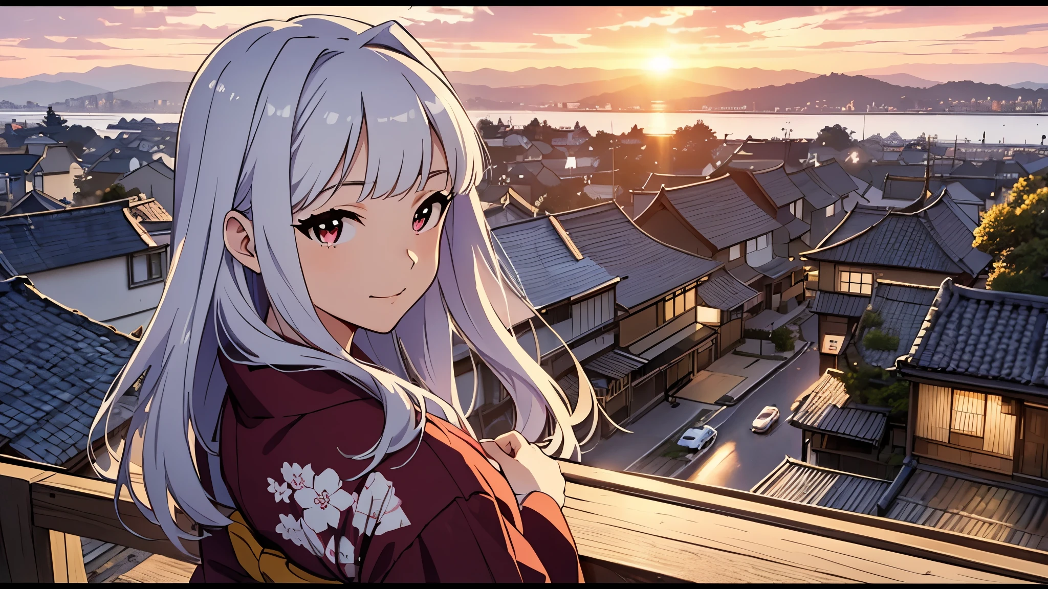 lovely woman wearing a kimono, takane shijou, long white hair, (watch the sunrise), Traditional Japanese townscape lined with wooden houses, (view overlooking the city), (beautiful sunrise: 1.5), view from behind, CG, unity, 8k, wallpaper, highest quality, masterpiece, (((best lighting))), complex pupils, complex textile, detailed background, detailed face, detailed eyes