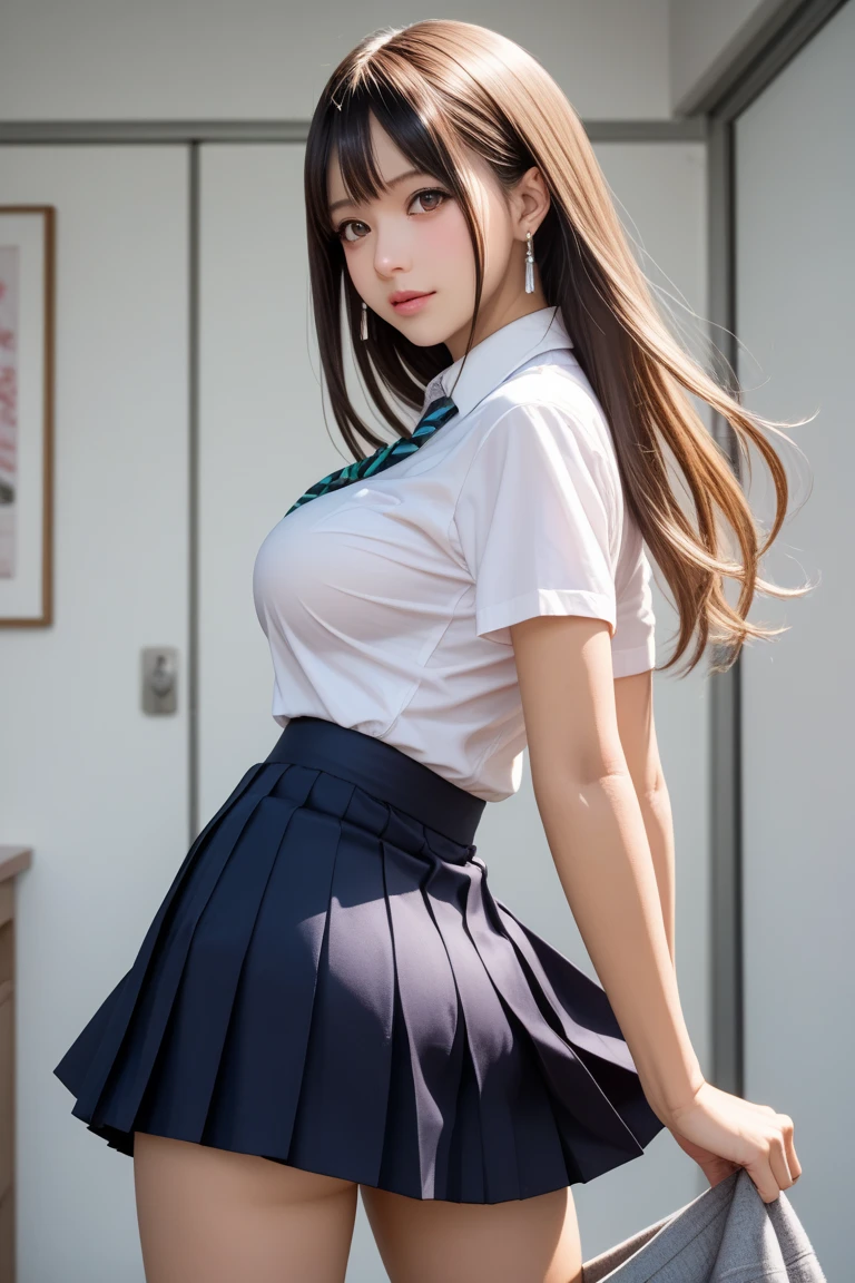 score_9, score_8_up, score_7_up, score_6_up, score_5_up, score_4_up,
1girl,Alone:1.2,(tan Skin:1.3)
beautiful Japanese girl,large breasts,Small waist,complete body,
school uniform, plain white collared-shirt,large breasts,short sleeves, navy pleated skirt, mini skirt, A-line, loose socks,
break,japanese girl,gravure,
good hand,blonde long hair,gal,necklace,Earrings,(brown eyes),
BREAK,
(from back shot),(from behind),(A girl looks back),(smiles), (her hair flutters),(Her skirt flutters:1.3),(panty peek),(white panty),(At Shibuya Crossing),JK,wallpaper,Stylish artwork,