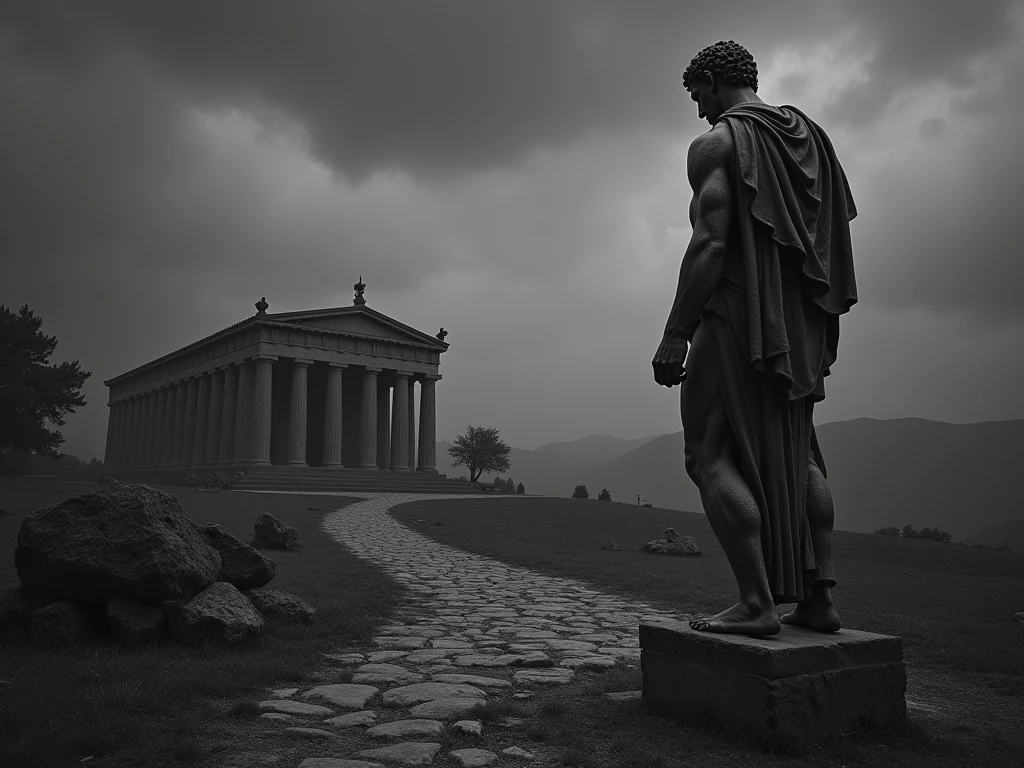 a full-length statue, forte,sem camisa, Marcus Aurelius muscle stoic in black and white 4K,Face de lado, papel de parede super realista