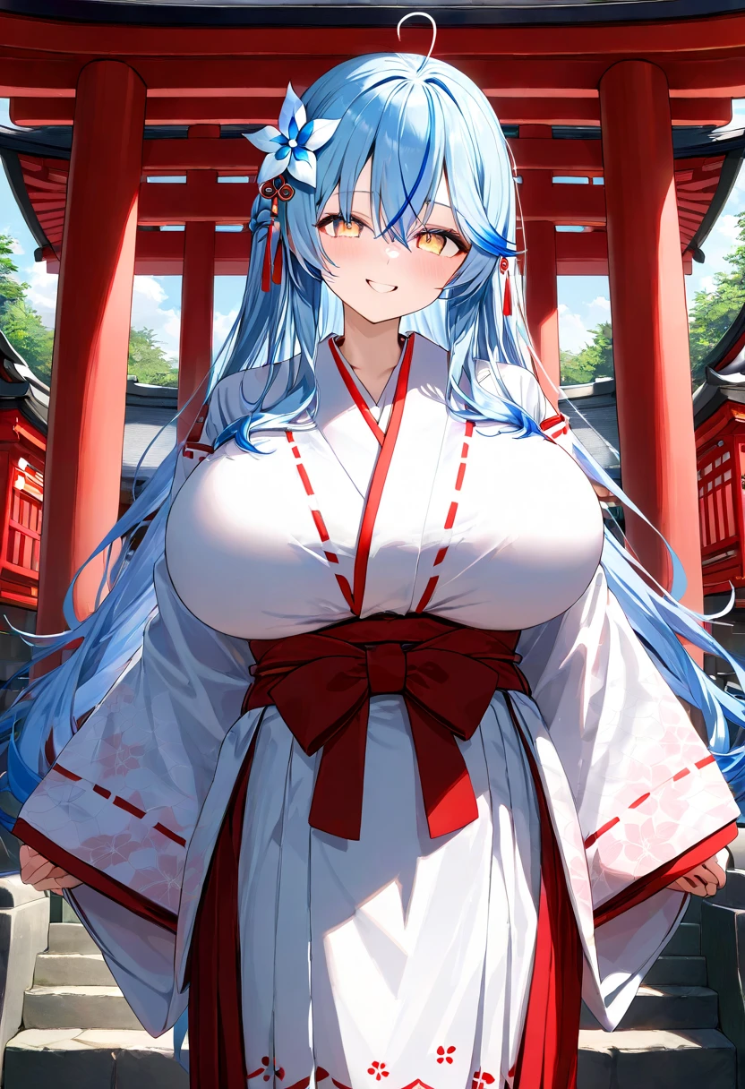 ( top quality , 8k , masterpiece ),  girl  , young , 1 person ,  very detailed eyes and face , Yukihana Lamy ,  hololive  ,  blue hair  , smile ,  will be happy ,  red cheeks  , ( shrine maiden, White Yukata,red hakama :1.2 ) , (  huge breasts )