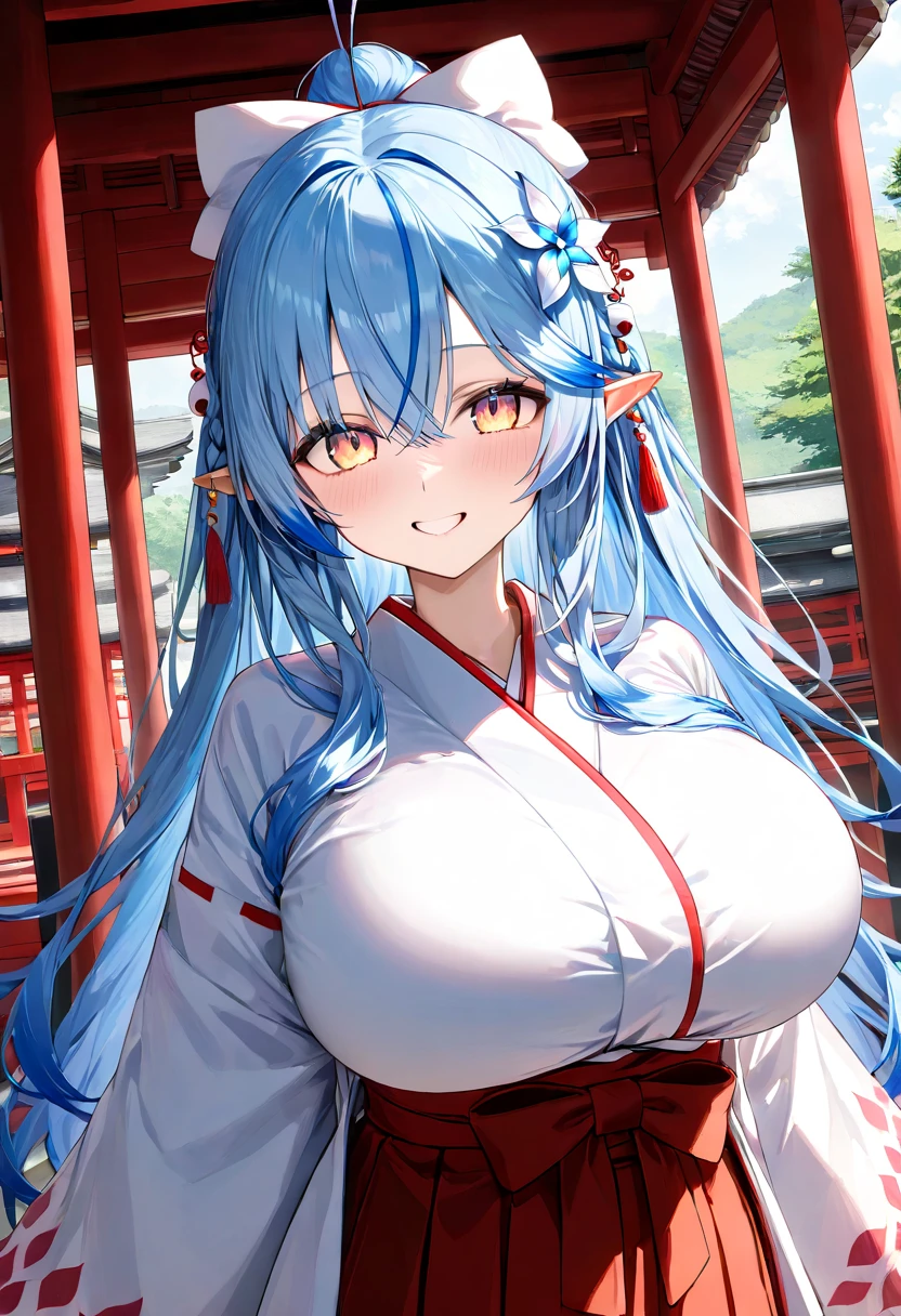 ( top quality , 8k , masterpiece ),  girl  , young , 1 person ,  very detailed eyes and face , Yukihana Lamy ,  hololive  ,  blue hair  , smile ,  will be happy ,  red cheeks  , ( shrine maiden, White Yukata,red hakama :1.2 ) , (  huge breasts )