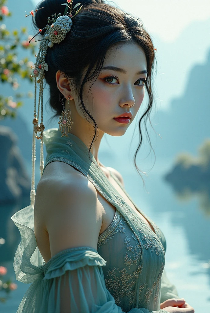 traditional ink chinese painting art,photorealistic,Bulgari,seductive leaning forward detailed skin,her body is white and flawless,her hair a cascade of silvery ripples,glides through the depths of a crystal-clear lake. Her eyes are the color of the deepest pools,and she sings a melody that resonates with the heartbeat of the water.,wuxia,exquisite makeup,bindi,breast,sexy,coquettish,sexual suggestion,mysterious and enchanting,blue light hanfu,(masterpiece, top quality, best quality, official art, beautiful and aesthetic:1.2), 8k, high detailed, ultra-detailed,