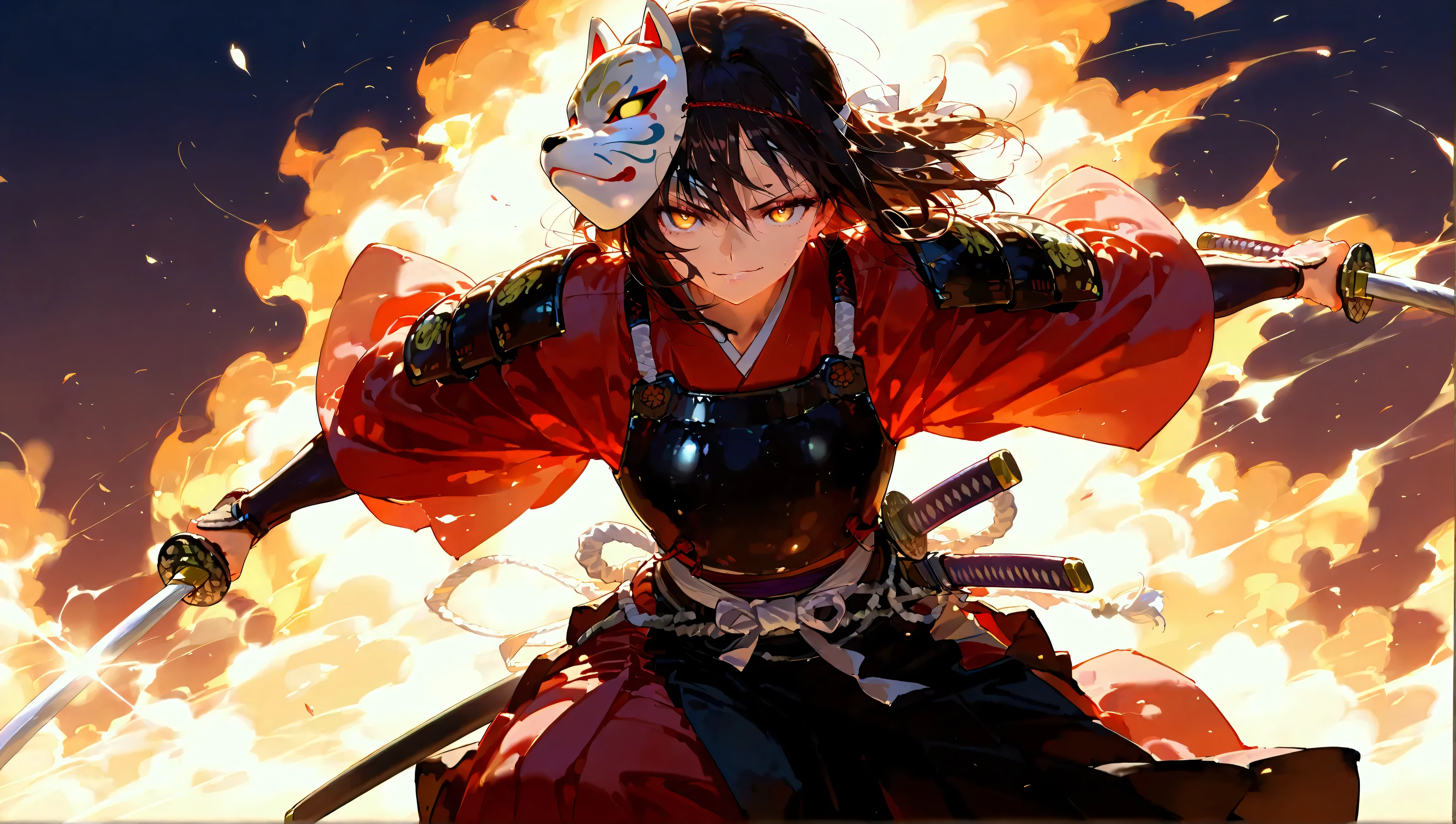 Masterpiece,  top quality,  very detailed, Anime,  A samurai, sword, holding 邪evilなオーラ, woman, evil, Strong emotions,  mask 