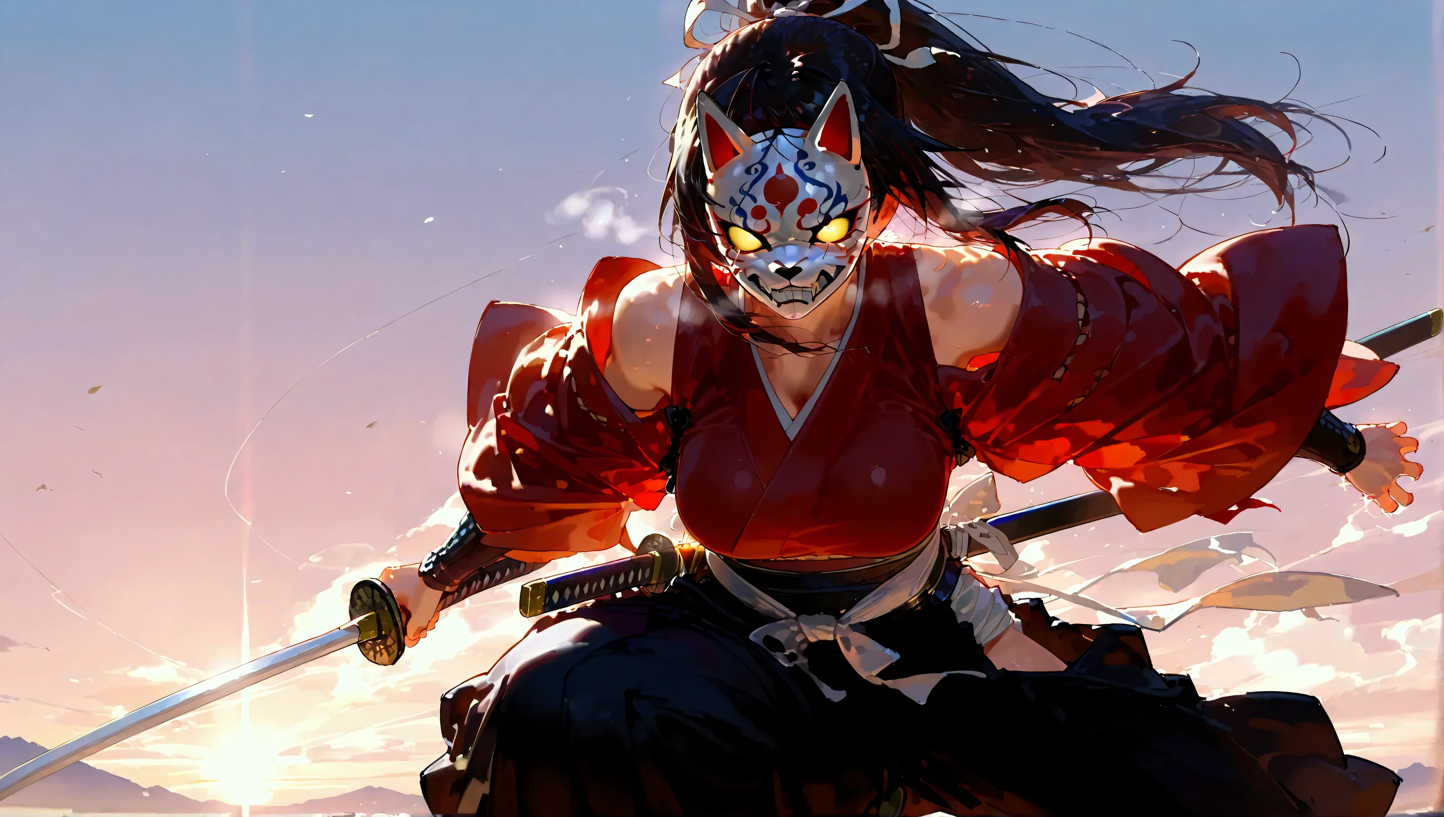 Masterpiece,  top quality,  very detailed, Anime,  A samurai, sword, holding 邪evilなオーラ, woman, evil, Strong emotions,  mask 