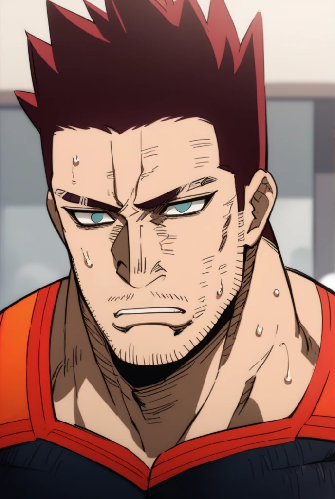 Endeavor being brainwashed to become a thug, black tanktop, muscles, biceps, sweaty, empty eyes, dazed expression, blank stare, hypnotized, brainwashed, hairy pits