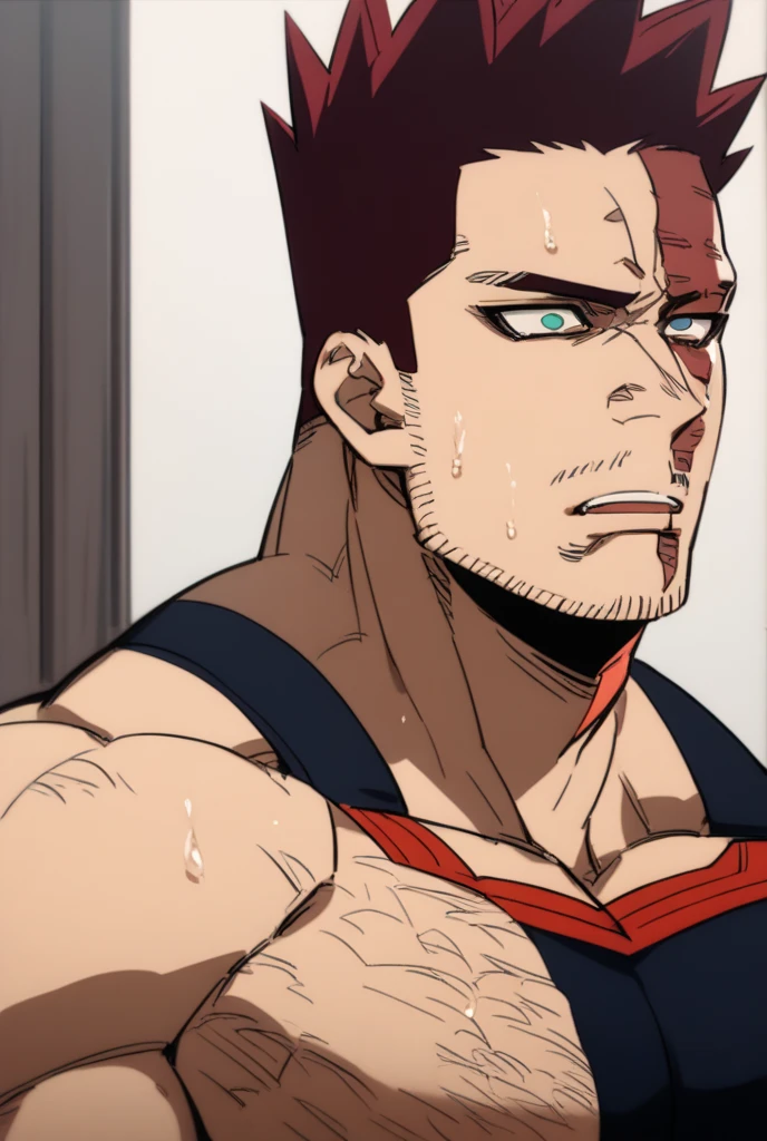 Endeavor being brainwashed to become a thug, black tanktop, muscles, biceps, sweaty, empty eyes, dazed expression, blank stare, hypnotized, brainwashed, hairy pits