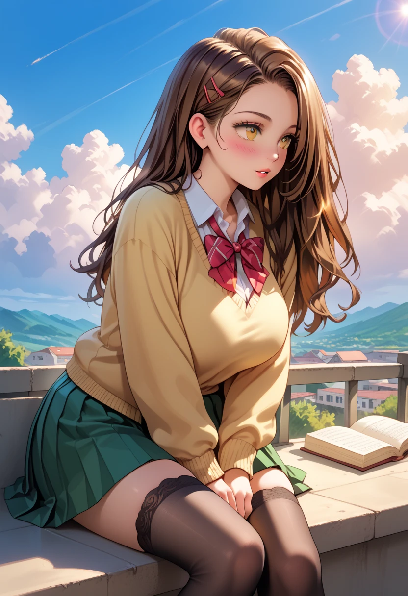 A  girl with long brown hair, amber eyes, big breasts, blushing, calm, sitting on a bench, wearing a yellow cardigan over a white blouse with a green skirt, black stockings, red ribbon, school uniform, warm lighting, rooftop, high school, after classes, 8k, detailed background, detailed hair, book on lap, clouds, afternoon, fixing hair, looking afar, breeze