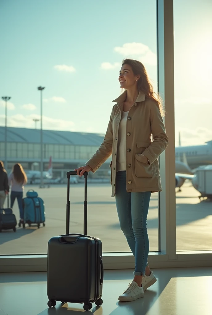 Fille longue, with suitcase and passport in hand