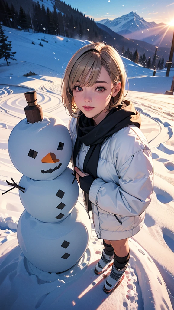 Solo, a bewitching girl, selfie, from above, ((standing with a big cute snowman)), at Ski resort, (she is having fun) , beautiful sky, clear air, beautiful winter scenery, powdery snow), beautiful blonde hair, (sleek short bob cut, thin , smooth, bangs), fair skin, detailed beautiful skin, captivating perfect face, narrow face shape, narrow sharp eyes, beautiful nose, pink lipstick, natural makeup, smile, anatomically correct body description, wearing, vibrant color, ski clothing ), perfect description, perfect cinematic lighting, perfect shadows, depth of field, perfect painting of the moment, intricate accurate background, ski area, rest house, powdery snow, ((winter wonderland, snowy mountains in the distance, beautiful sunshine)), ), (best quality, 4K, 8k, incredibly absurdres , masterpiece:1.2),ultra-detailed, (realistic, photorealistic, photo-realistic:1.37),HDR,UHD, cinematic lighting, best lighting allocation, ultra-fine painting, sharp focus, anatomical perfect rendering, extreme detail description, professional, optimized vibrant colors,