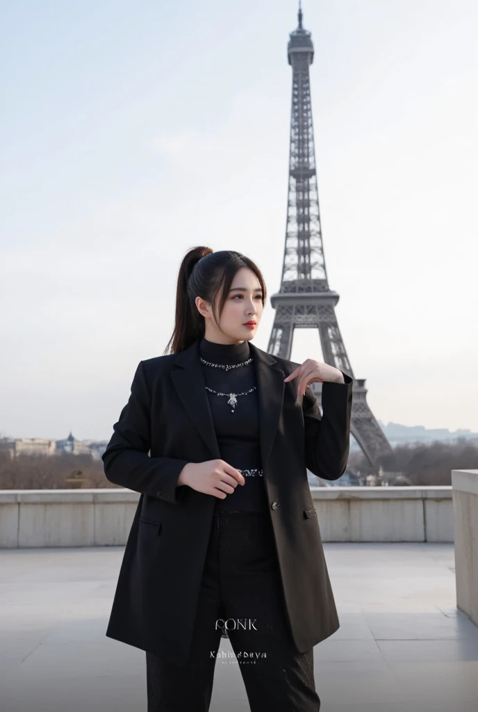 A beautiful Korean, slightly fat.long rasta pony tail. black clothes  standing stylishly expressive on paris,eiffel tower looks big.morning, natural, cool atmosphere. 