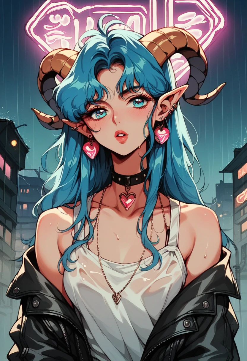 A blue haired elf woman. Tall and beautiful. Almond eyes. Long lashes. Slim and toned. Wearing a retro futuristic outfit. In downtown Tokyo. Raining. Night. Neon lights. She has ram horns. Goat ears. A septum piercing. 