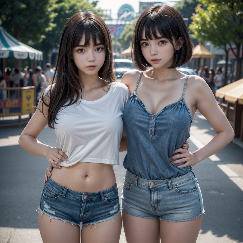 ((medium breast, thick ass, cute twin girls, small head, perfect face, smile)), daylight, sunlight, (chiseled abs : 1.1), (perfect body : 1.1), (short wavy hair : 1.2) , auburn hair, collar, chain, full body shot from below, crowded street, wearing black tanktop, super short jeans shorts ((shorttremely detailed CG 8k wallpaper), (an extremely delicate and beautiful), (masterpiece), (best quality:1.0), (ultra highres:1.0),  beautiful lighting ,perfect lightning, realistic shadows, [highres], detailed skin, ultra-detailed,