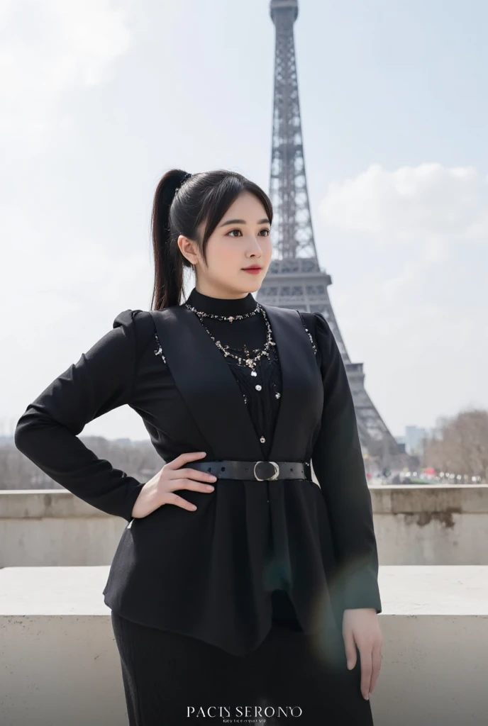 A beautiful Korean, slightly fat.long rasta pony tail. black clothes  standing stylishly expressive on paris,eiffel tower looks big.morning, natural, cool atmosphere. 