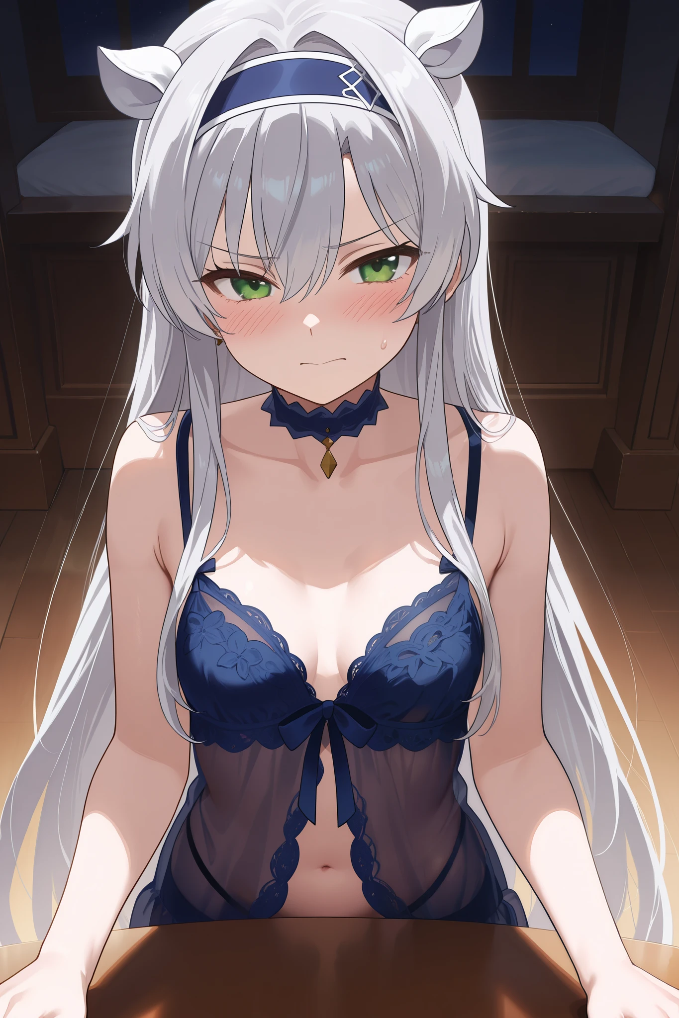 NSFW,masterpiece, top quality, high definition, very detailed,Sistine＝Fiebel 、 Roku Denashi Magi Instructor and Akashic Records、 green eyes、 gray hair、stupid hair、 small breasts、 long hair、 blue headband 、 fake animal ears , High Quality Lingerie , horny face ,blush, lustful face,Living room at night, table 