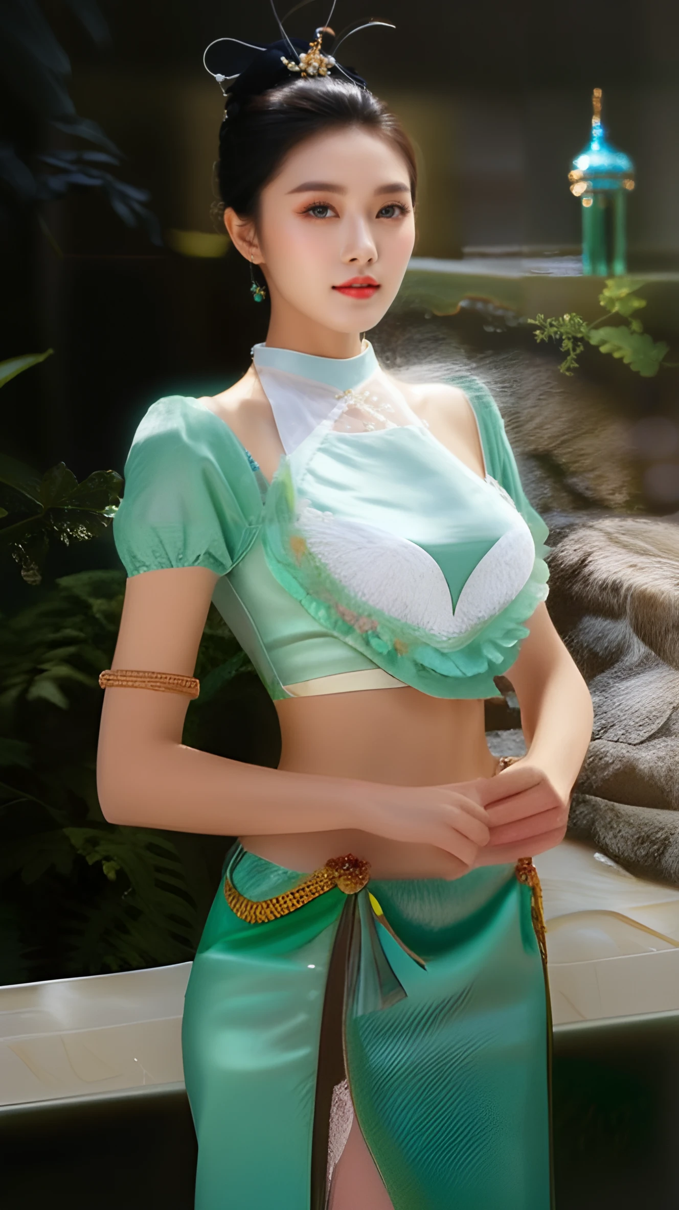A close-up of a woman dressed in a forest and with green orange eyes, Beautiful character painting, portrait of snow White, pale snow White skin, 4k high definition. snow White hair, snow White, Beautiful lady, beautiful female princess, guweiz style artwork, realistic disney photo, Beautiful lady de fantasía, ((a beautiful fantasy empress)), disney art style , jisoo from blackpink, popular south korean makeup, quality detailed ,(beautiful makeup :1.2), wide hips, Big, Big ass, (best quality, 8k, masterpiece: 1.3), clear focus: 1.2, Perfect body beauty: 1.4, strong abs, Very detailed face and skin texture. , detailed eyes, double eyelids, (long hair), Having very marked curves, with greater volume in ((hips and breasts)), which makes the waist look much smaller ((wasp waist)).(masterpiece, top quality, Best Quality, official art, depth of field, Beauty: 1.2), pinnacle rendering, Realistic representation, (1 girl)
