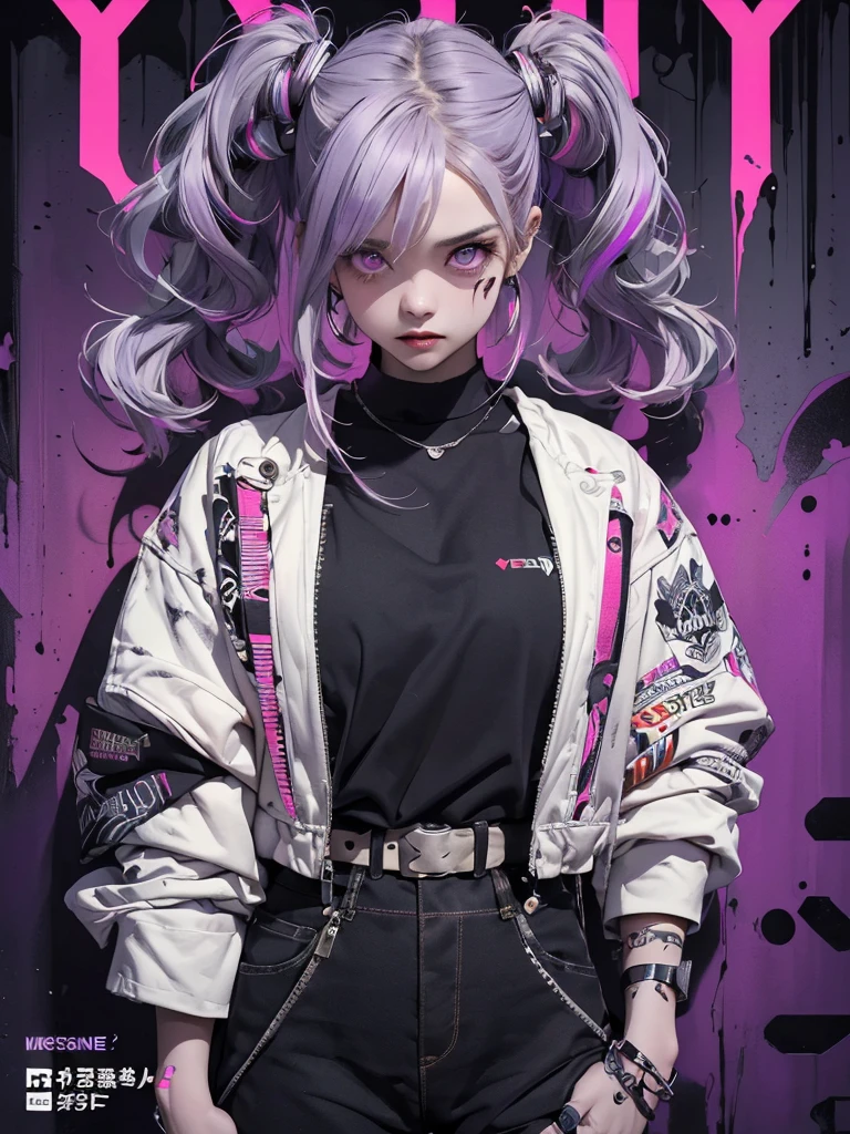 (masterpiece, best quality, 1girl, solo, intricate details, chromatic aberration), realistic, ((medium breath)),long hair, purple hair, purple head ornament, purple highlights, hair over one eye, green eyes, sharp eyes, choker, neon shirt, torn legwear, open jacket, turtleneck sweater, against wall, brick wall, graffiti, dim lighting, alley ,look at viewer,