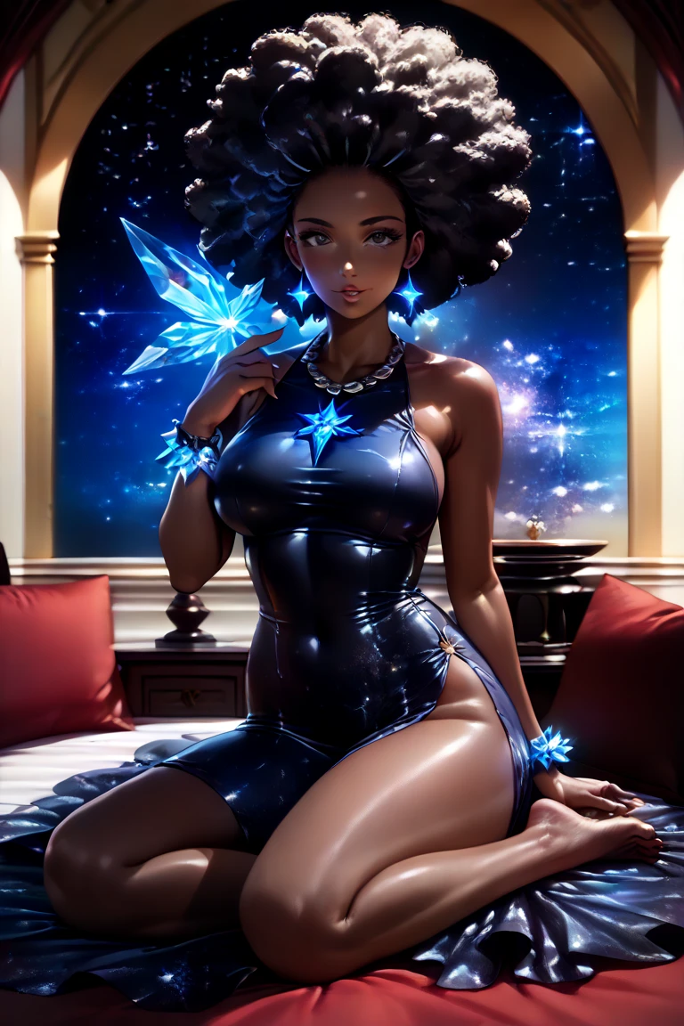 ((Best Quality)), ((Masterpiece)), ((Realistic)) and watercolor drawing of a girl with goth colors. Crotch Angle view. She has ((starlight hair)), wears a (small black micro-thong:star motif ) (bare navel) (cameltoe) , ((beautiful and aesthetic)), muscular fit body abs, sexy, under-boobs, hot, (star filled sky background) (clear background:1.35), (particles ,firefly, blue glowing):1.3, perspective, embarrassed smile, totally blushed, nervous, looking at the viewer, spread legs,black thong bikini