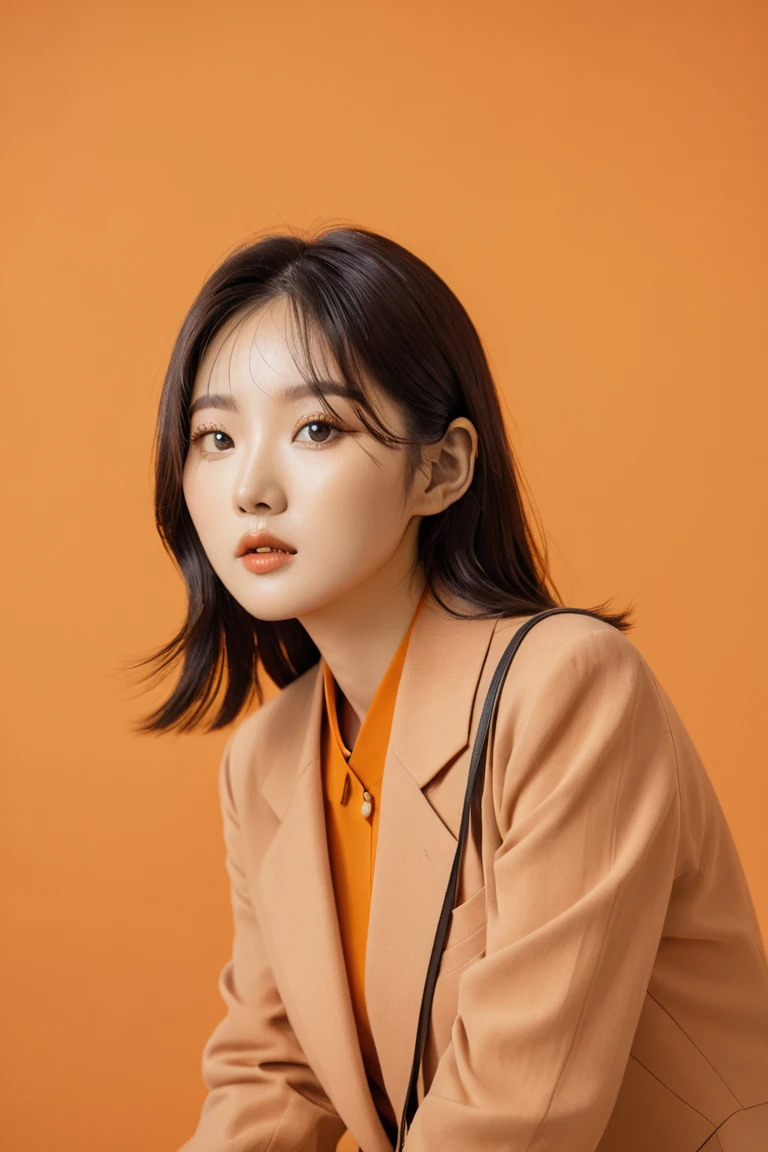 photography, orange hue, korean woman model, solid orange backdrop, using a camera setup that mimics a large aperture, f/1.4 --ar 9:16 --style raw