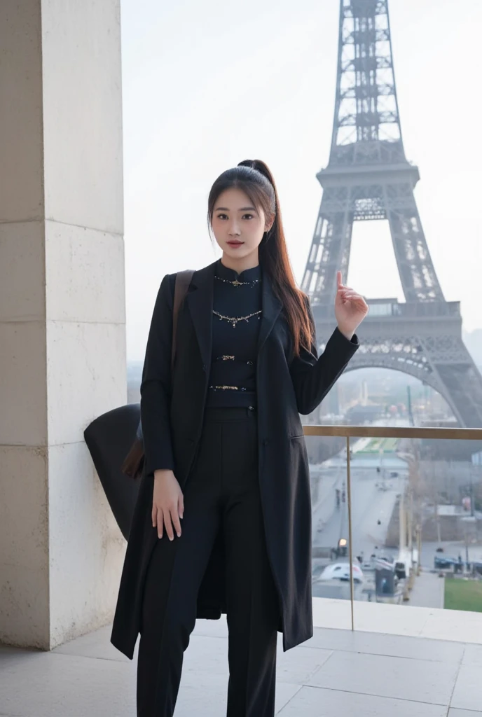 A beautiful Korean, slightly fat.long rasta pony tail. black clothes  standing stylishly expressive on paris,eiffel tower looks big.morning, natural, cool atmosphere. 