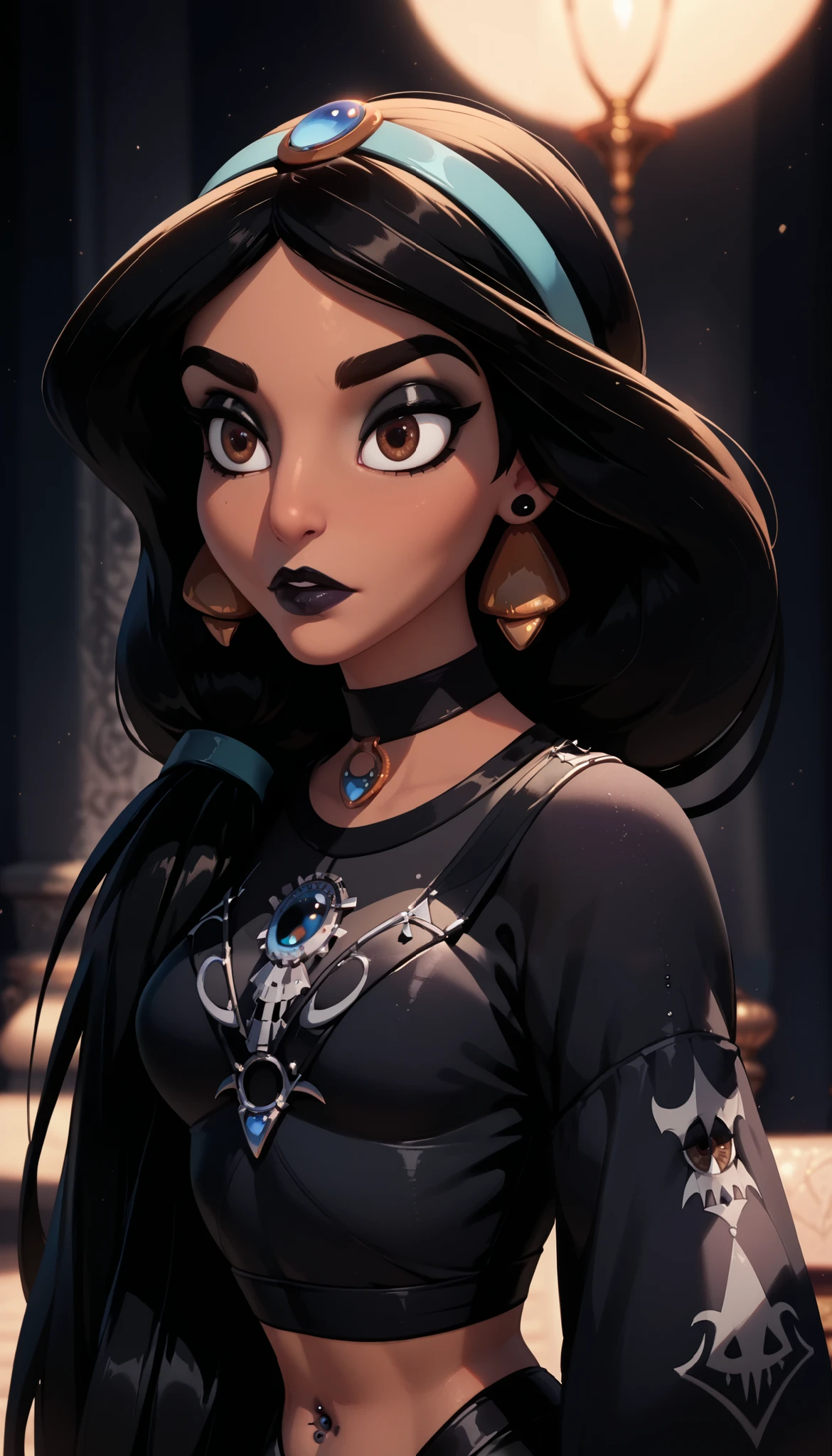  ultra-high quality, best quality, 8K, UHD, very aesthetic,(musterpiece), (best quality), very detailed eyes,Jasmine, dark skin, brown eyes,,wearing (goth clothes:1.6),detailed eyes, detailed face,cool background