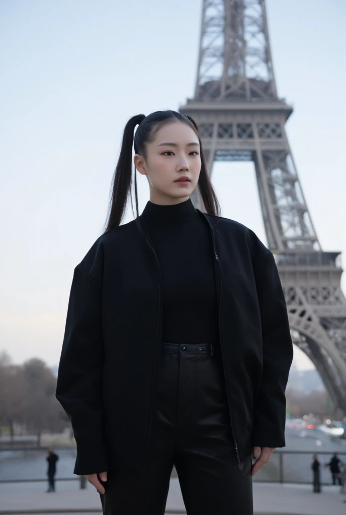 A beautiful Korean, slightly fat.long rasta pony tail. black clothes  standing stylishly expressive on paris,eiffel tower looks big.morning, natural, cool atmosphere. 