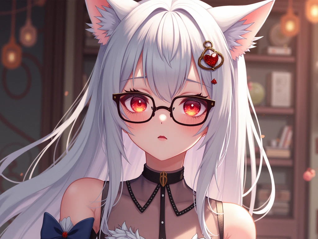 (1 Person: A 20-year-old female angel with long, white hair, yellow eyes, cat ears, and a glowing yellow halo ring above her head. Wear round glasses (White halter turtleneck sweater, white purekiller sweater, sleeveless, sexy backless sweater, white dress)) (1 person, cat girl, 20 years old, long hair, black hair, gray eyes, cat ears, wears round glasses. (Black halter turtleneck sweater, black purekiller sweater, sleeveless, backless sweater, sexy black dress)) stick out your tongue