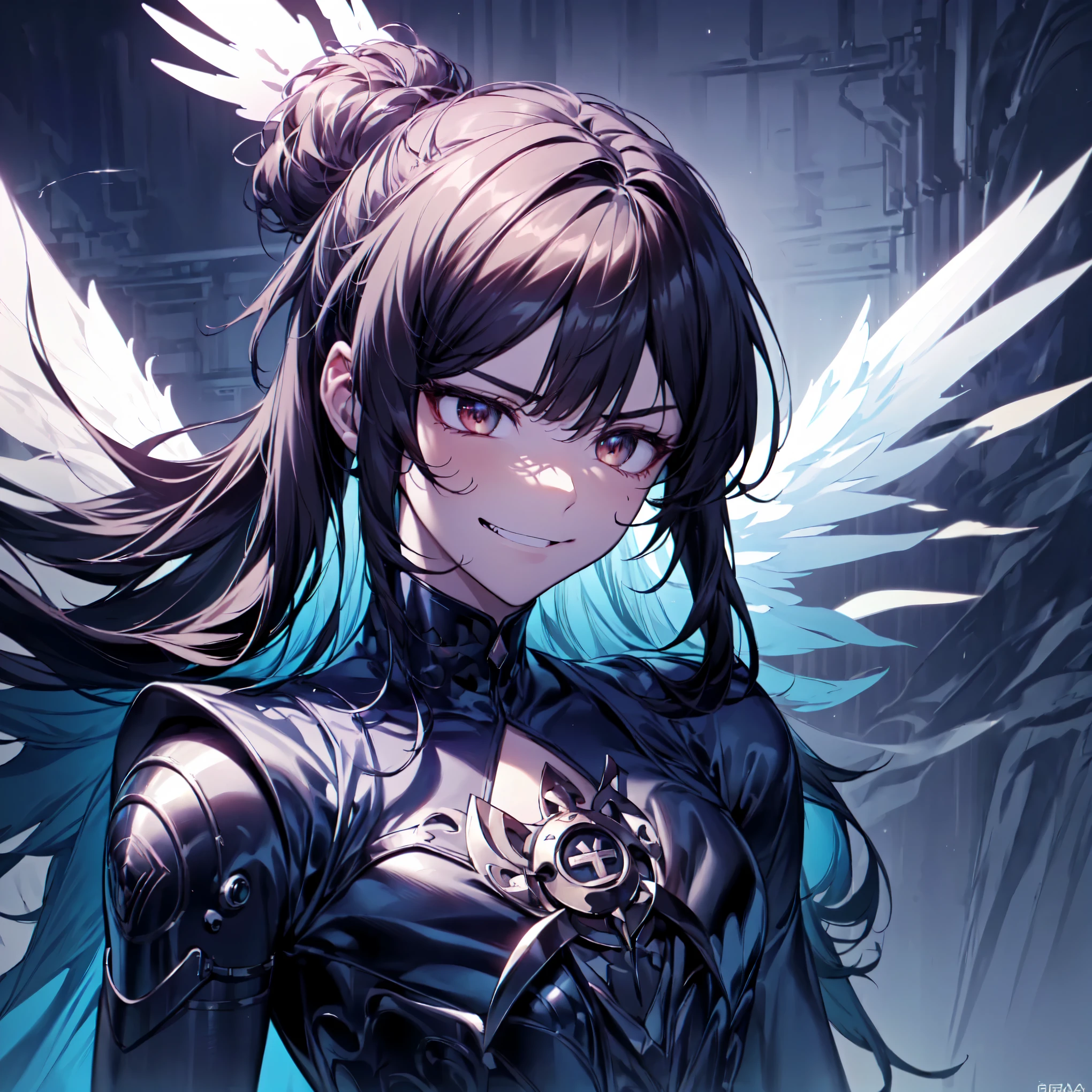 (fcPortrait:1.1), masterpiece, photorealistic, best quality, (detailed anime, video game art, extremely detailed CG unity 8k wallpaper), (best quality), (best illustration), (best shadow), absurdres, realistic lighting, (Abyss), (close up shot, portrait:1.28), small chest, senti, solo, woman brown hair, long hair, ponytail, tidy hair, very long hair, red eyes, one devil demon feathered wing, walking, (cold colours:1.44), one wing, extended hand, (aura:1.7), (godly, divine, angelic, half angel, carapace biologic cyberpunk:1.5), (gray eyes:1.2), (twisted expression, villainous expression, evilcoded, cocky arrogance, evil, grin, smirk, head tilt:1.33), smile, lip bite, flames, cold gaze, cold aura, hue, lens flare, (bodysuit:0.97), (sushang, brunette:1.25), (peplos, greek clothes:1.6), heavy sword,angular, stealth