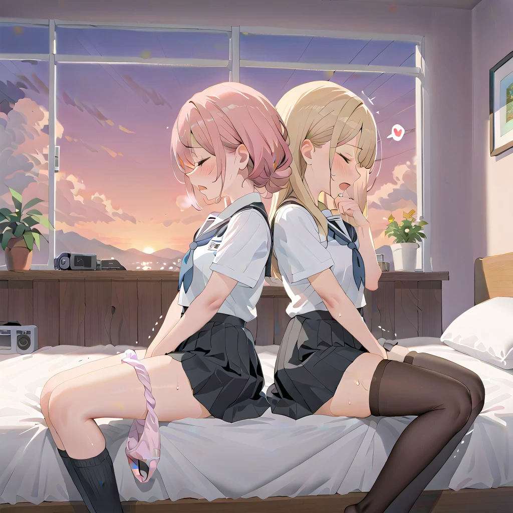 (masterpiece,beautiful,hughres,CG,8k,16k,best quality,high-resolution,detailed eyes:1.5),anime,source anime,illustration,face focus,(from side:1.6),(2girls:1.5),(evening,indoor,one&#39;s home,bedroom:1.5),(sunset:1.3),shadow, Dark Room,(on the bed:1.4),(head down:1.2),(girl on the left(blonde hair):1.5),(girl on the right(pink hair):1.2),( thighs:1.4),(school uniform,white shirt,pleated skirt,black skirt,black thighhighs:1.3),small breasts,(panties around one leg:1.3),(sitting),(My legs,knees to chest,folded,knees together feet apart:1.4),(leg up:1.2),(profile:1.2),(back-to-back:1.4),hand over own mouth, covering own mouth,(female masturbationm:1.4),(female orgasm,pussy juice,Erupt:1.3),(trembling:1.4),(gasping,heavy breathing,blush:1.5),(impatience1.1),flustered,(fidgeting around:1.4),(steam:1.2),(sweat skin,sweat:1.4),(streaming tears:1.3),(drooling:1.1),(looking away:0.5),(looking down:1.4),(spoken heart:1.3),(closed eyes:1.6),open mouth