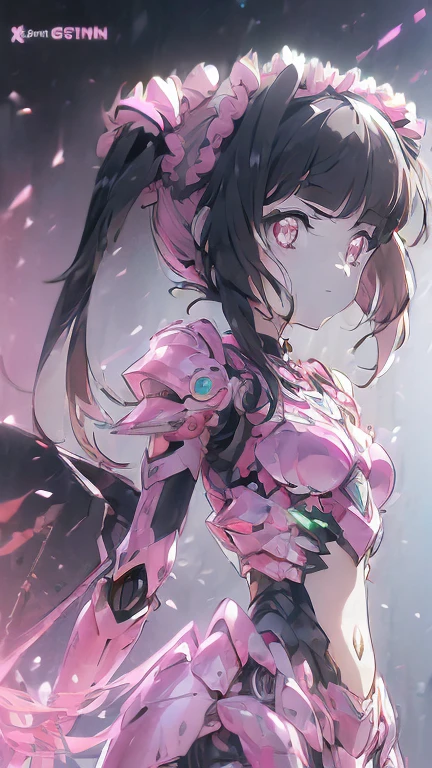, brown hair, Twintail, yellow eyes, pink armor, Show your belly, smile, full body, pink boots, pink arm armor