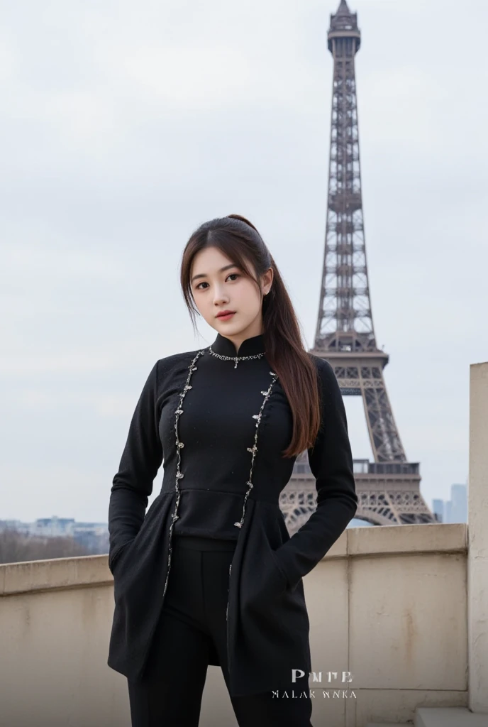 A beautiful Korean, slightly fat.long rasta pony tail. black clothes  standing stylishly expressive on paris,eiffel tower looks big.morning, natural, cool atmosphere. 