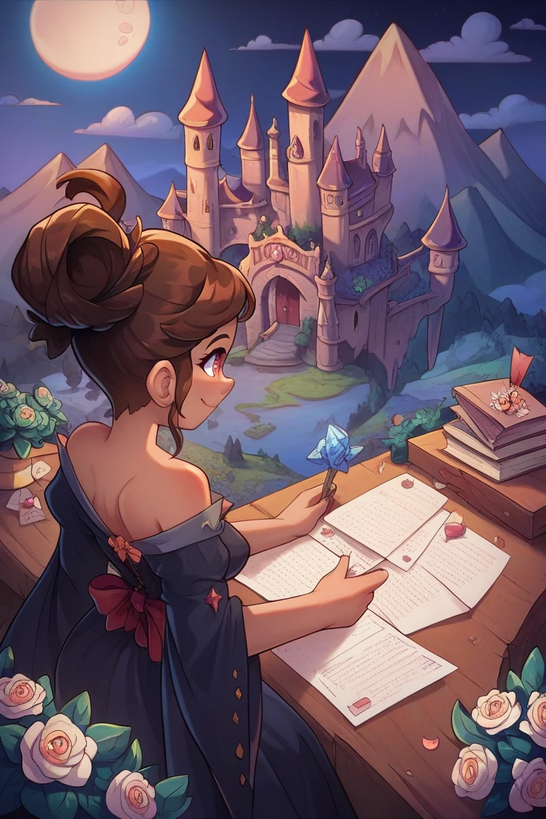 (masterpiece),(best quality), illustration, (fantasy:1.4), witch, cute detailed digital art, beautiful face, brown hair, hair up, castle, mountain, dark color long dress, a moon, flowers , paper_cut