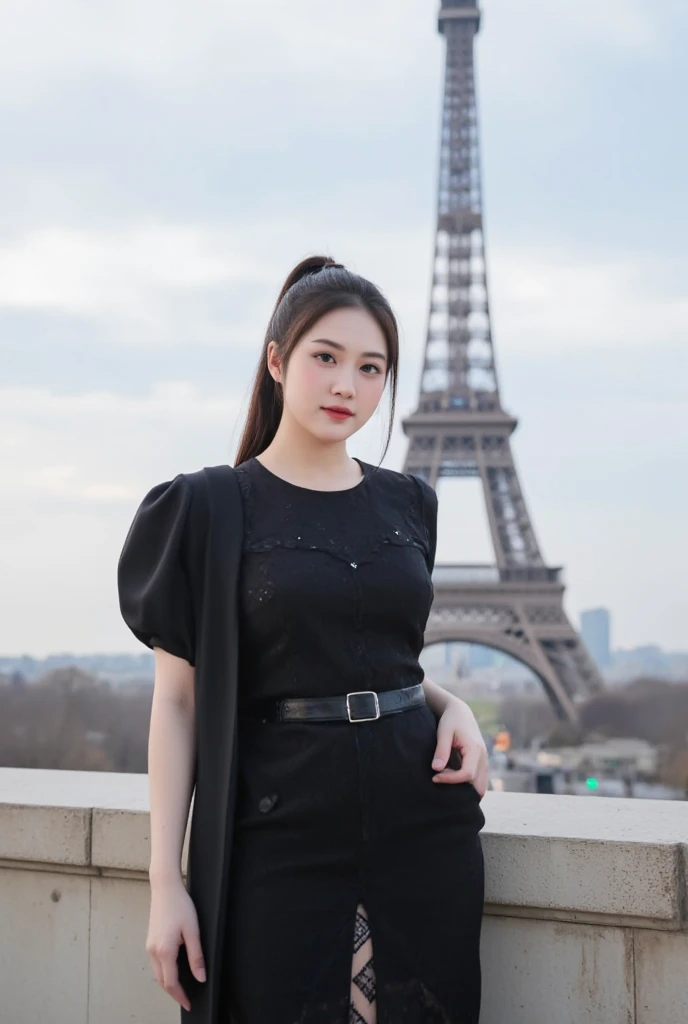 A beautiful Korean, slightly fat.long rasta pony tail. black clothes  standing stylishly expressive on paris,eiffel tower looks big.morning, natural, cool atmosphere. 