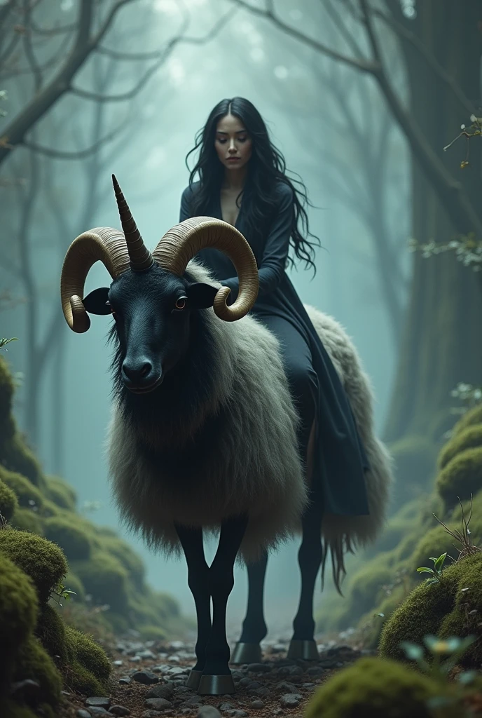 Being fantastic with long legs, powerful arms, blank, white eyes, horns similar to the antlers of an elk, lichens and moss covering its enormous body and passing through the trees of a dark and black forest. Very similar to John Mortensen's style.