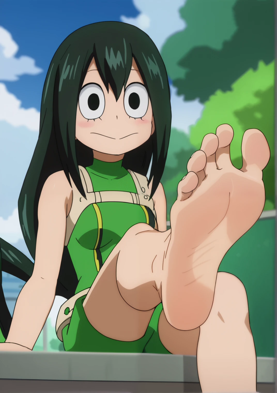 Cartoon drawing of woman sitting while showing the soles of her feet, her foot sticking out, feet posing, The art of the foot, high soles,, [ Digital Art ]!!, [ floating ]!!, mid view from below her feet, low angles!!!!, big legs、Sentai Heroine、Super Sentai、aroma、Sweaty feet、bare-legged、sole of feet,