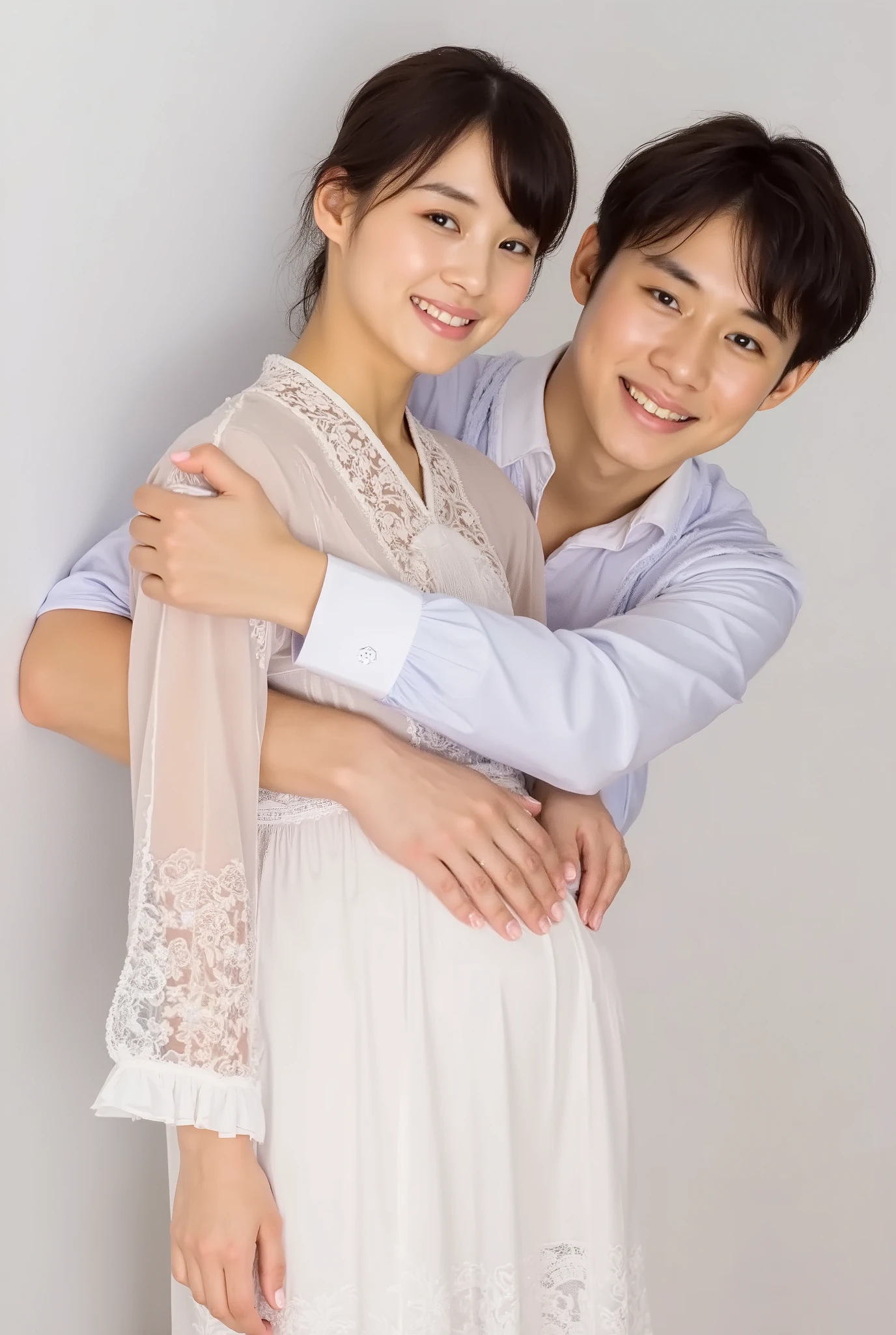 (( Lace Nightgown)) , Looking above my collarbone 、 raises his throat for a cute smile、Teenage Girl、Pregnant Woman's Stomach 、 choker 、 garter,A man stands behind and hugs me