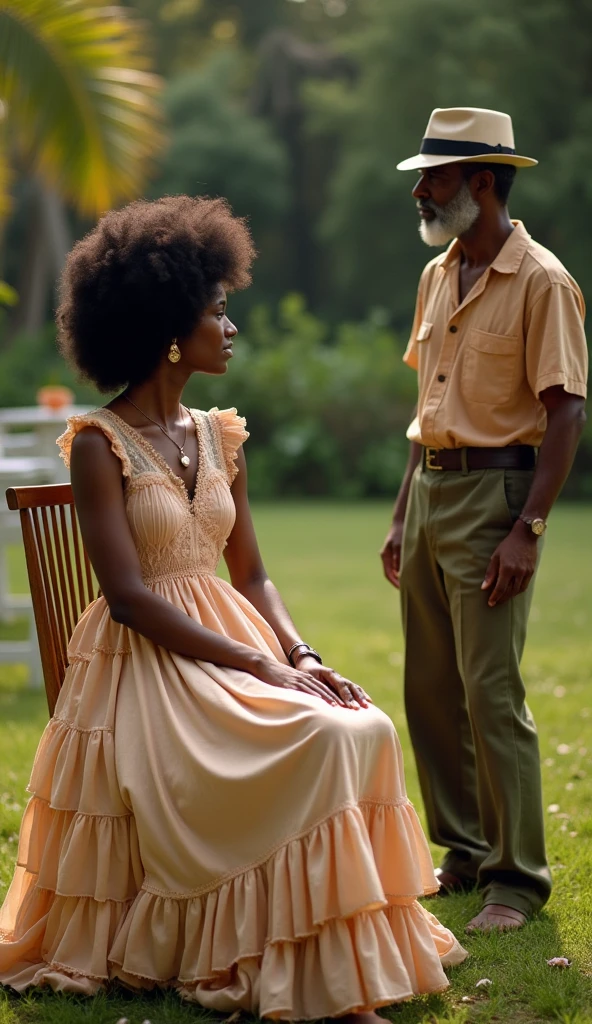 create an image of an Afro-Brazilian woman from the 1970s at an outdoor party of the time, she is wearing a long dress with a full skirt and under the dress a petticoat with ruffles, she is sitting on a chair in the garden of the party, she is observed from a medium distance by an Afro-Brazilian man, wearing 1970s attire, standing in front of her, he is wearing period clothing, has a well-trimmed, short, well-groomed and gray beard, full-body image