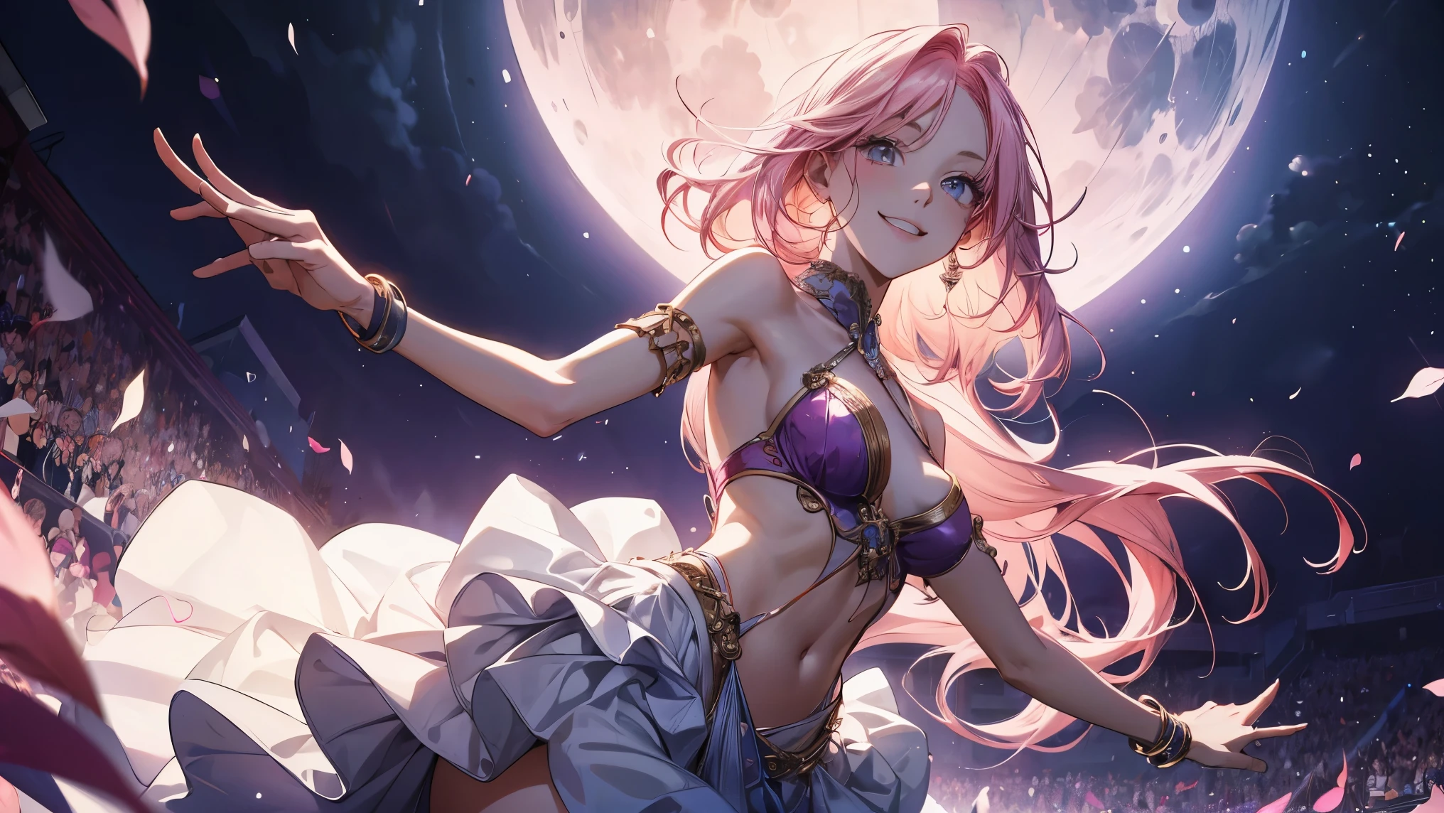 Portrait Art 15。Pink hair。length hair。pleats skirt。Camisole。耳环。e7 Tenebria, Pink hair, two long thin braids, lender body, Thin, cheeky face, Small breasts,Blue eyes, Black pants, white short blouse, showing belly, flat abdomen, Starry Night, under the moon, holding an orb of light, (Maste Piece), Best Quality, high resolucion, 4K, 8K, detailed illustration, with intricate details, Cinematic lighting, amazing quality, 1girls, fit female, amazing shading, Soft lighting, facing camera, Perfect eyes