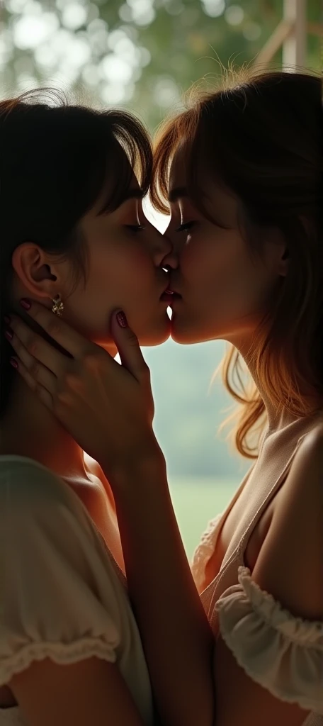 arafed image of a woman and woman kissing each other, kiss, wonderful scene, kissing together cutely, lovely kiss, kissing, hot, couple kissing, full scene shot, version 3, visually stunning scene, most memorable scene, the most beautiful scene, still from a terence malik film, best scene, kiss mouth to mouth, shot from movie, wonderful