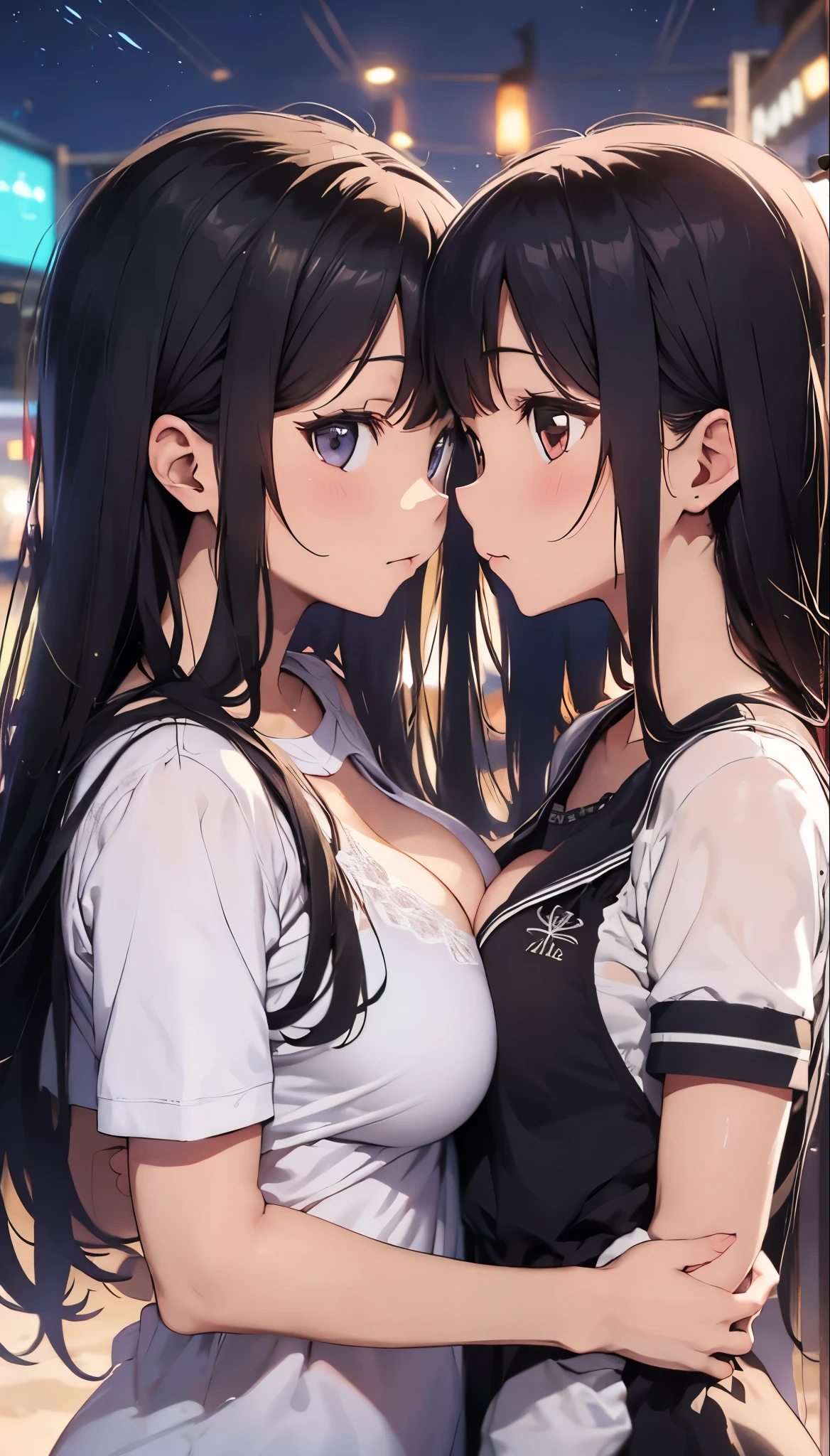 Two 18-year-old women,Black Hair,There is a height difference,White bra,A short white skirt underneath,Intimidating the opponent,Standing firmly facing each other,They are glaring at each other with their faces close together.,Wall,whole body