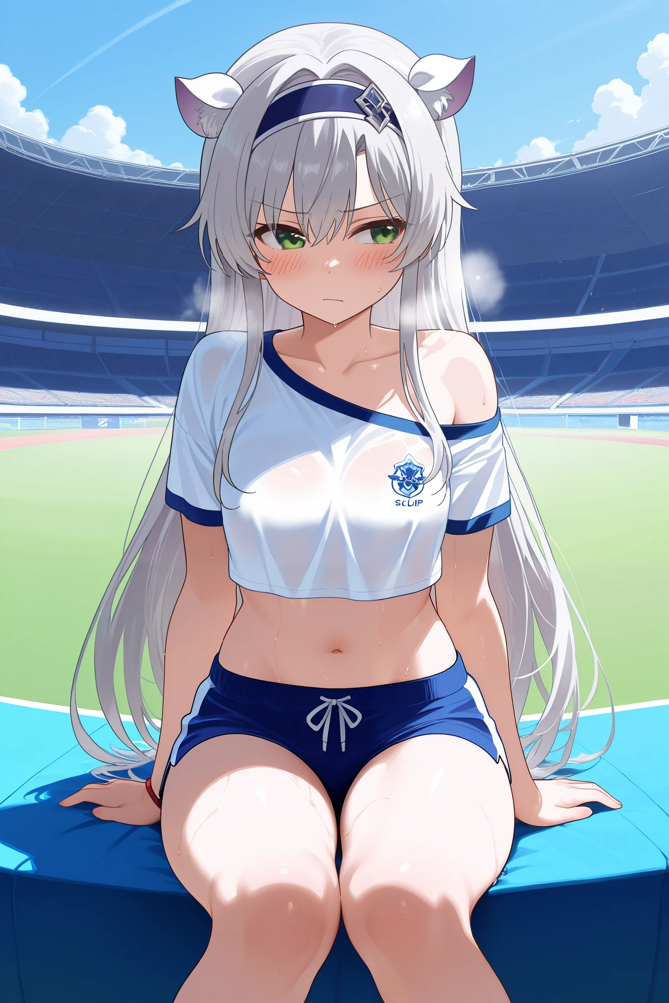 NSFW,masterpiece, top quality, high definition, very detailed,Sistine＝Fiebel 、 Roku Denashi Magi Instructor and Akashic Records、 green eyes、 gray hair、stupid hair、 small breasts、 long hair、 blue headband 、 fake animal ears , shorts , crop top, off shoulder,Short sleeve, a lot of sweat,blush,Heavy breathing, athletics stadium, sitting 