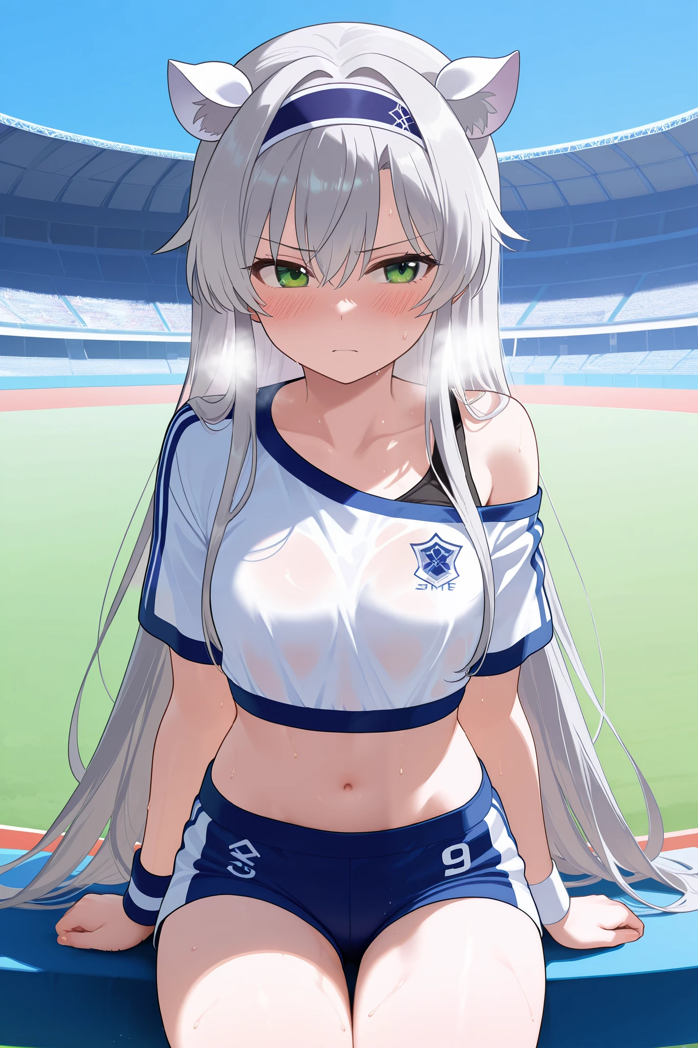 NSFW,masterpiece, top quality, high definition, very detailed,Sistine＝Fiebel 、 Roku Denashi Magi Instructor and Akashic Records、 green eyes、 gray hair、stupid hair、 small breasts、 long hair、 blue headband 、 fake animal ears , shorts , crop top, off shoulder,Short sleeve, a lot of sweat,blush,Heavy breathing, athletics stadium, sitting 